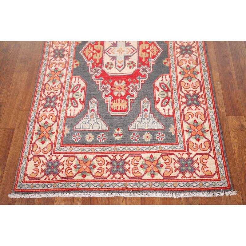Geometric Kazak Oriental Accent Rug Handmade Grey Wool Carpet - 3'1" x 5'1"