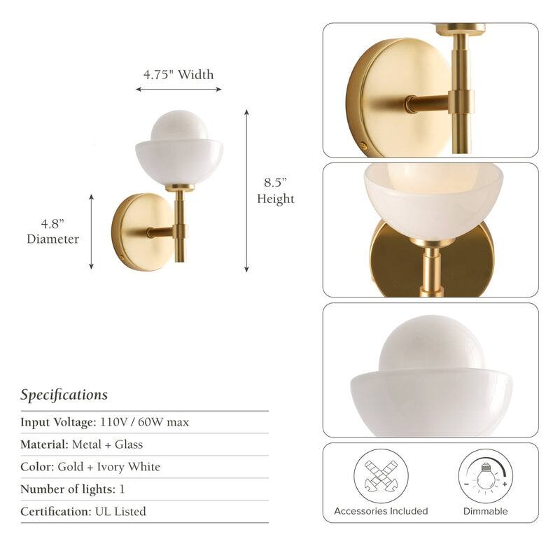 Ariel Armed Sconce - Metal, Glass & Gold, Ivory White 1-Light Wall Sconce for Bathroom or Hallway in Modern, Contemporary Style