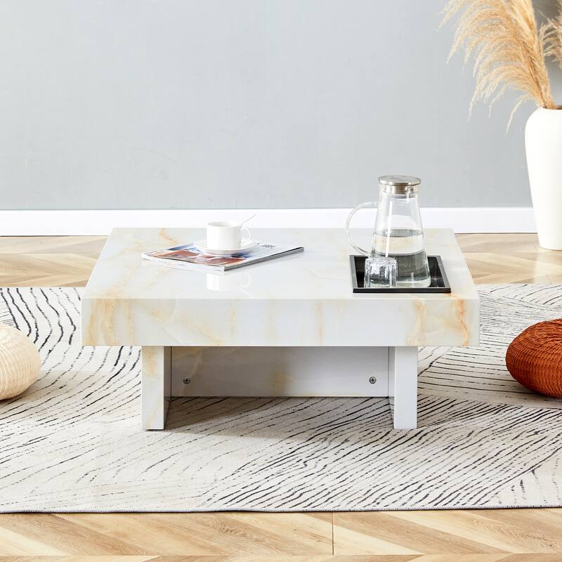 A modern and practical coffee table made of MDF material with black patterns. The fusion of elegance and natural fashion