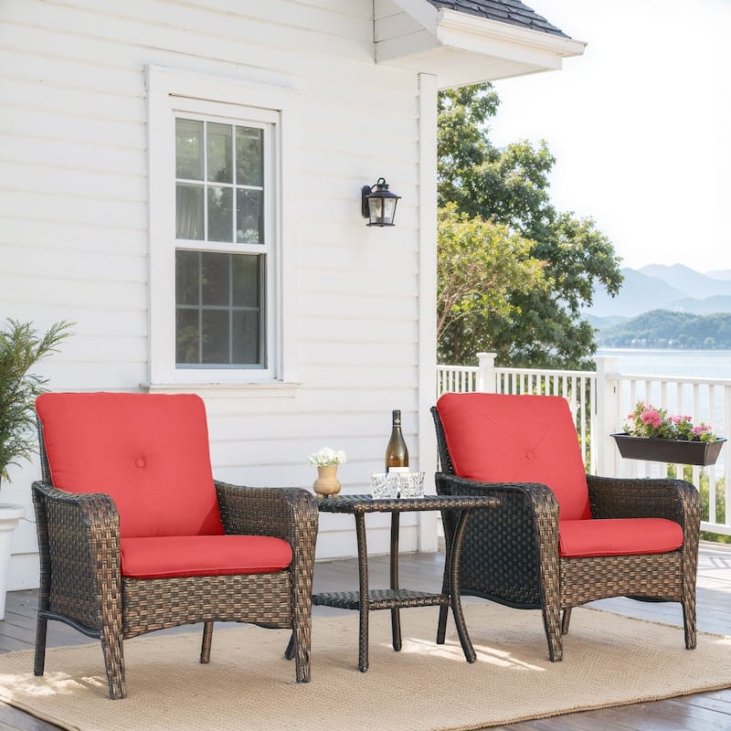 Pocassy Outdoor Wicker Patio Chair with Cushion - Red Cushion - 3PCS Patio Chairs with Table