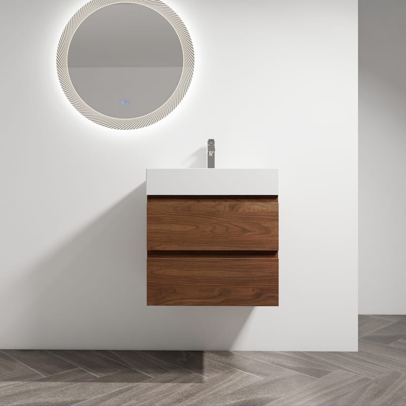 24" Wall-Mounted Bathroom Vanity With Resin Sink, 2-Soft Close Drawers