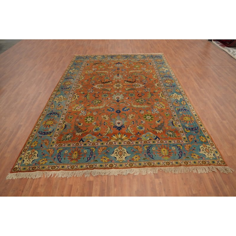 Hand Knotted Oriental 100% Wool Carpet Traditional Floral Oranges & Rust Tabriz Area Rug - 12' 8'' X 9' 3''