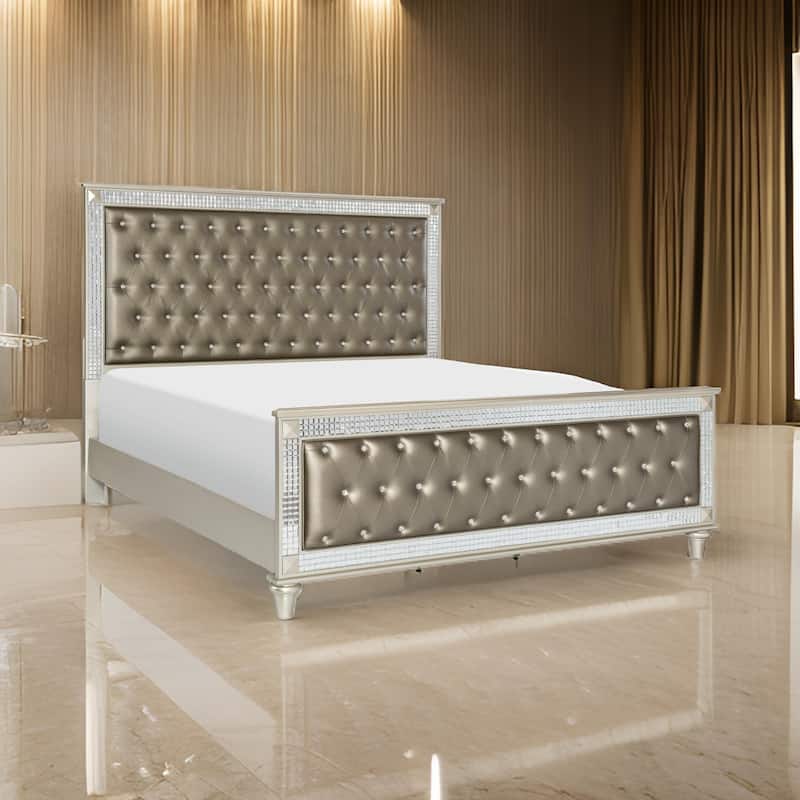 Juhi Queen Size Bed, Button Tufted Gray Faux Leather, Crystals Trim, Wood
