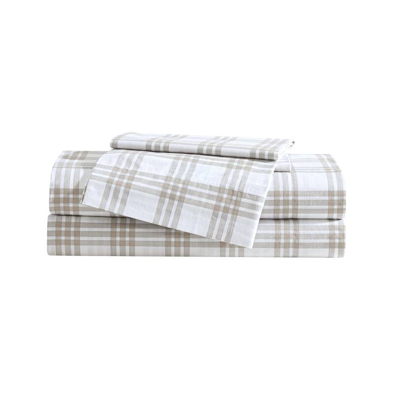 Eddie Bauer Printed Cotton Percale Deep Pocket Sheet Set - Queen - Basic Plaid Beige