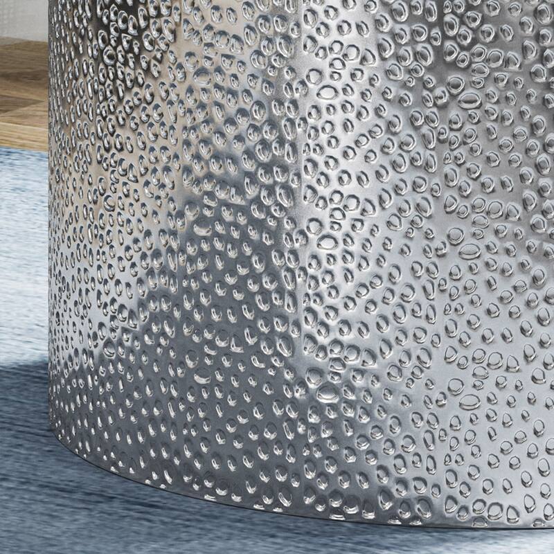 Modern Round Side Table with Gorgeous Hammered Surface and Sturdy Iron Frame for Living Room (Set of 2)