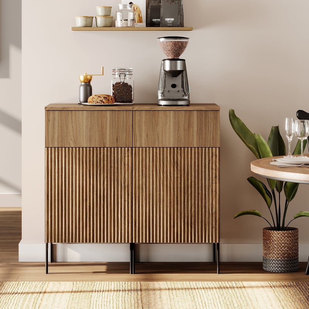 31.5" Wooden 2-Doors Sideboard With Charging Station, Modern Reeded Credenza Storage Cabinet