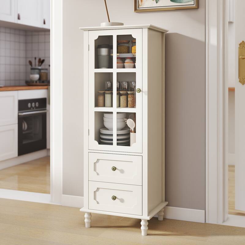 Minimalism Buffet Cabinet with Glass Doors and Double Drawer, Modern Wooden Storage Sideboard Cupboard - Creamy White