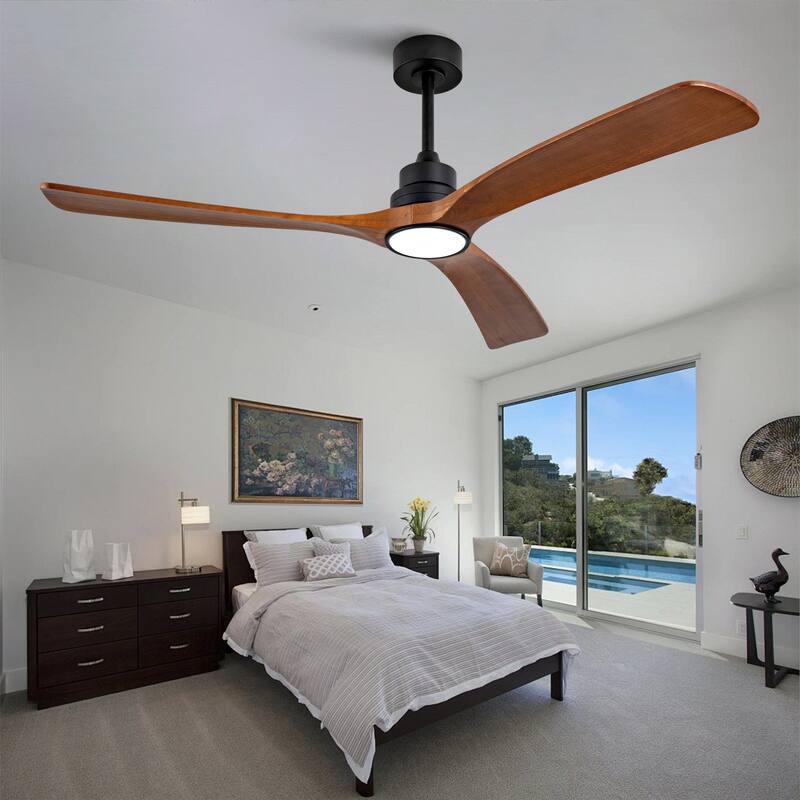 60 Inch Wood Ceiling Fan With 3 Solid Wood Blades Remote Control Reversible DC Motor For Living Room - Black