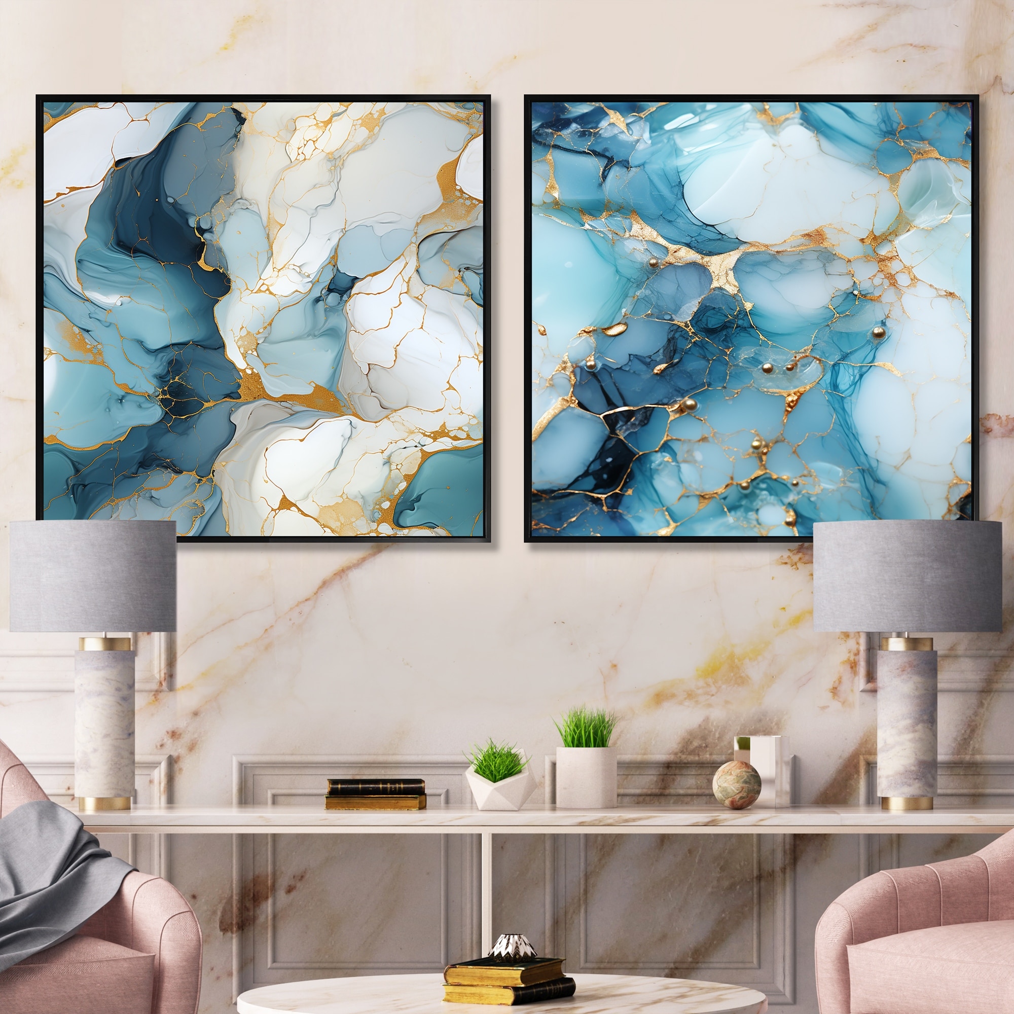 Designart "Zen Blue And White Marble" Abstract Collages Framed Art Set Of 2 Modern Wall Decor Set Blue Wall Art 2 Pieces
