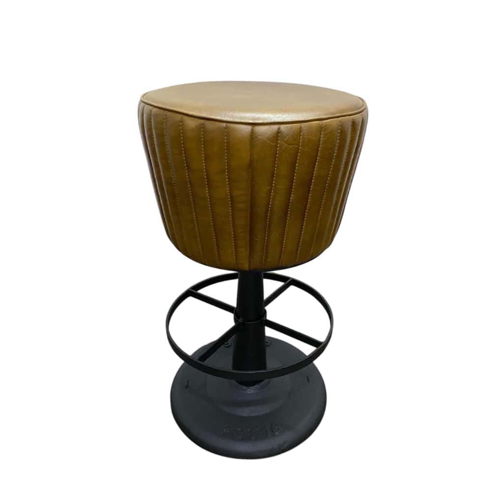 Myra Mushroom Counter Stool, Brown Ribbed Leather, Dark Gray Iron Base