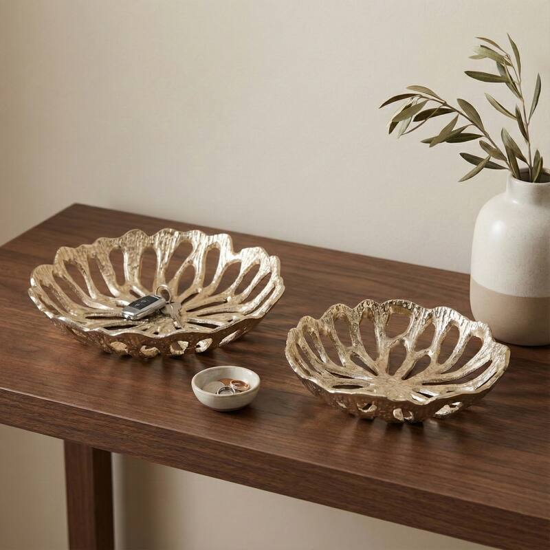 Decorative Bowl with Openwork Flower Design - Set of 2, 12", 14", Gold - 14.0" - Gold - 14.0"
