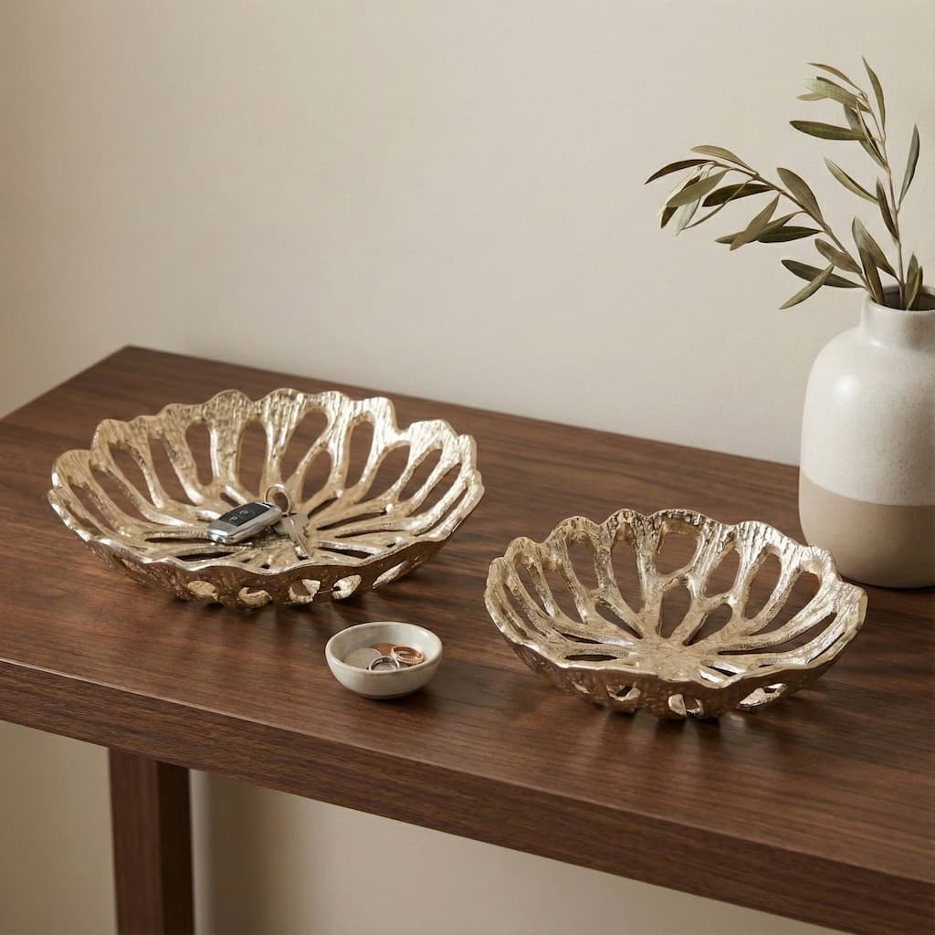 Decorative Bowl with Openwork Flower Design - Set of 2, 12", 14", Gold - 14.0"