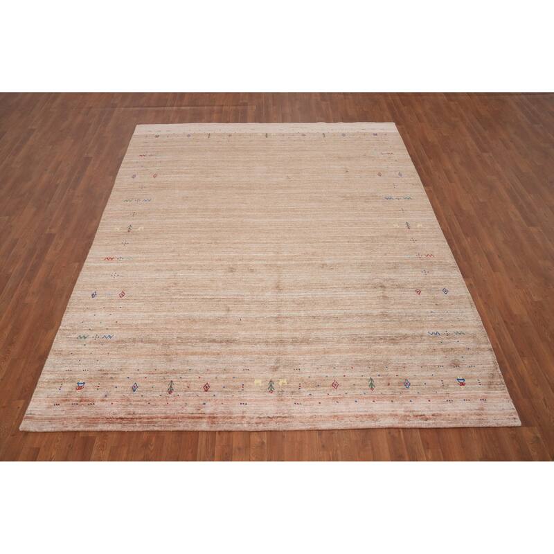 Hand Knotted Oriental Viscose Silk Carpet Tribal Animal Pictorial Peach Gabbeh Area Rug - 9' 10'' X 8' 2''