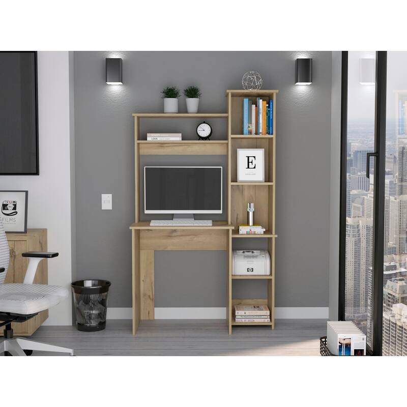 Modern Computer Desk with 5 Cubbies Hutch - Beige