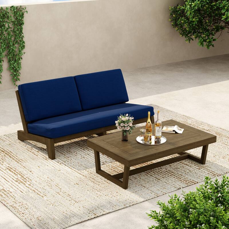 3-Seat Outdoor Sofa Set with Solid Wood Coffee Table, Weather-Resistant Cushions - Blue/Coffee Table - Brown Wood