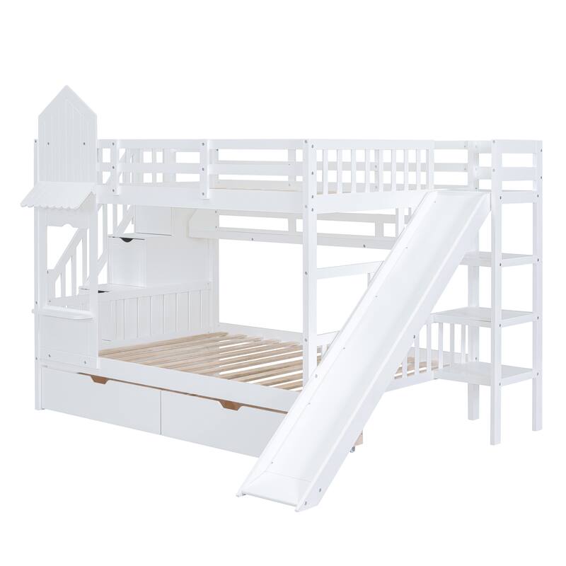 Full-Over-Full Castle Style Bunk Bed with 2 Drawers 3 Shelves and Slide