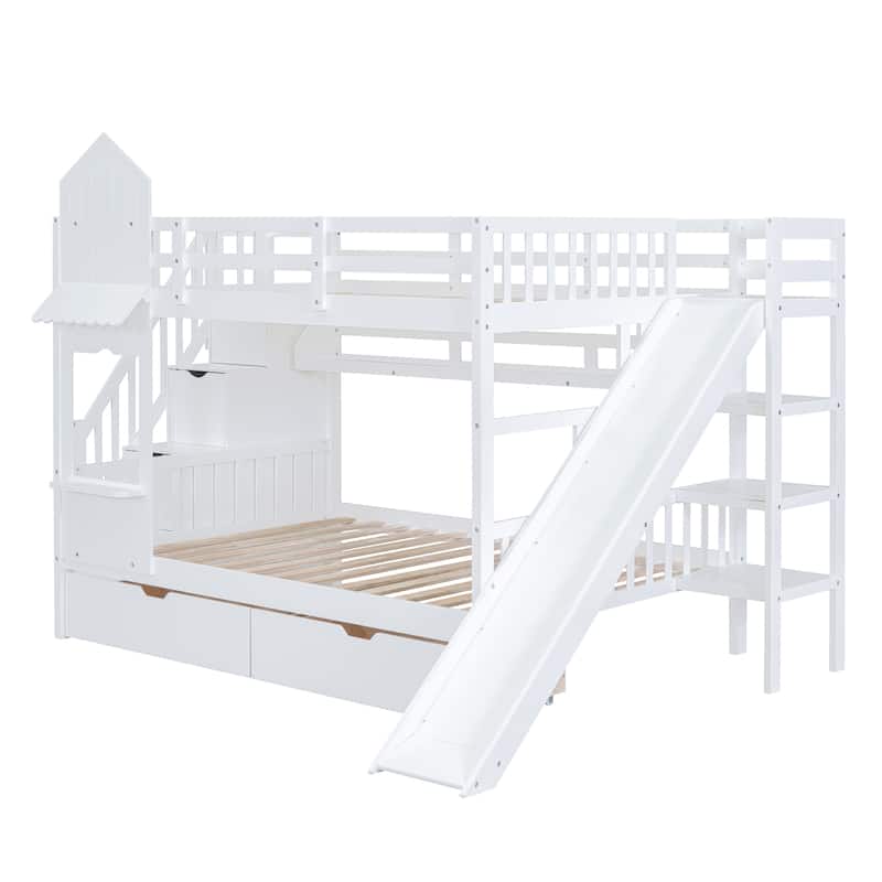 Full-Over-Full Castle Style Bunk Bed with 2 Drawers 3 Shelves