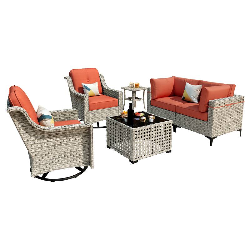 OVIOS 6 Pieces Outdoor Wicker Swivel Chair Set With Solar-Powered Coffee Table