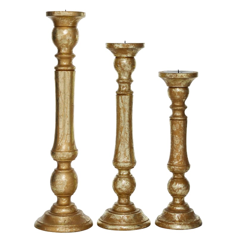 Mango Wood Candle Holder - Set of 3 Gold - Roche River Decor - 6"W x 6"L x 21"H