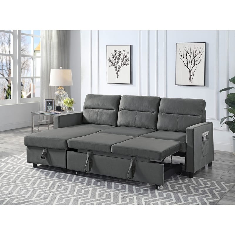 81.5"W Velvet Reversible Sleeper Sectional Sofa with Storage Chaise and Side Pocket