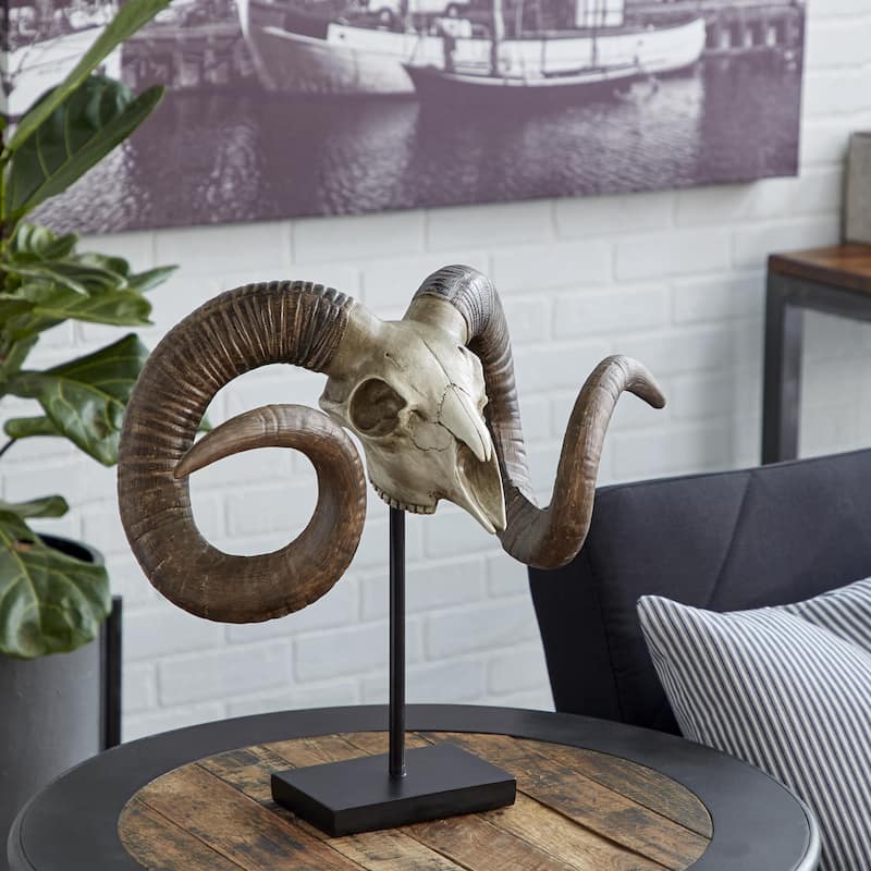 Polystone Ram Skull Decorative Sculpture - Brown - Roche River Decor