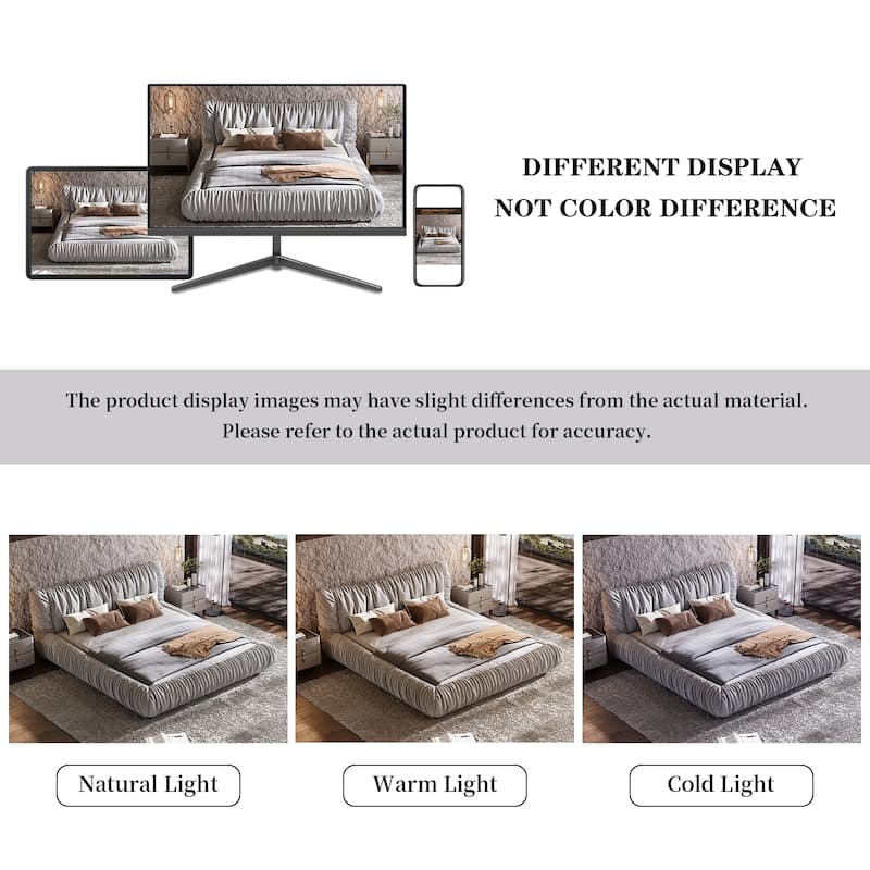 Light Grey King Size Luxury Upholstered Platform Bed with Removable Cushion and Solid Wood Frame