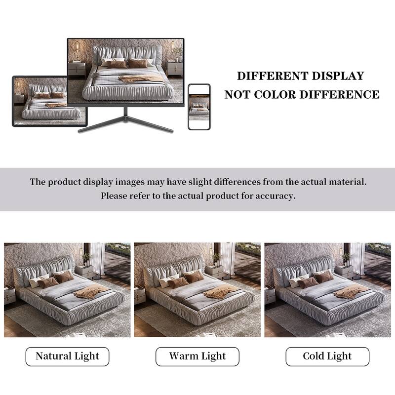 Light Grey King Size Upholstered Platform Bed with Removable Cushion