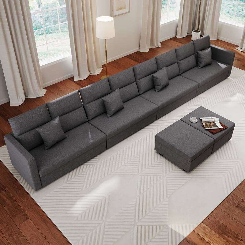 Linen Sectional Couches Modular Sofa with Ottoman for Living Room - Grey
