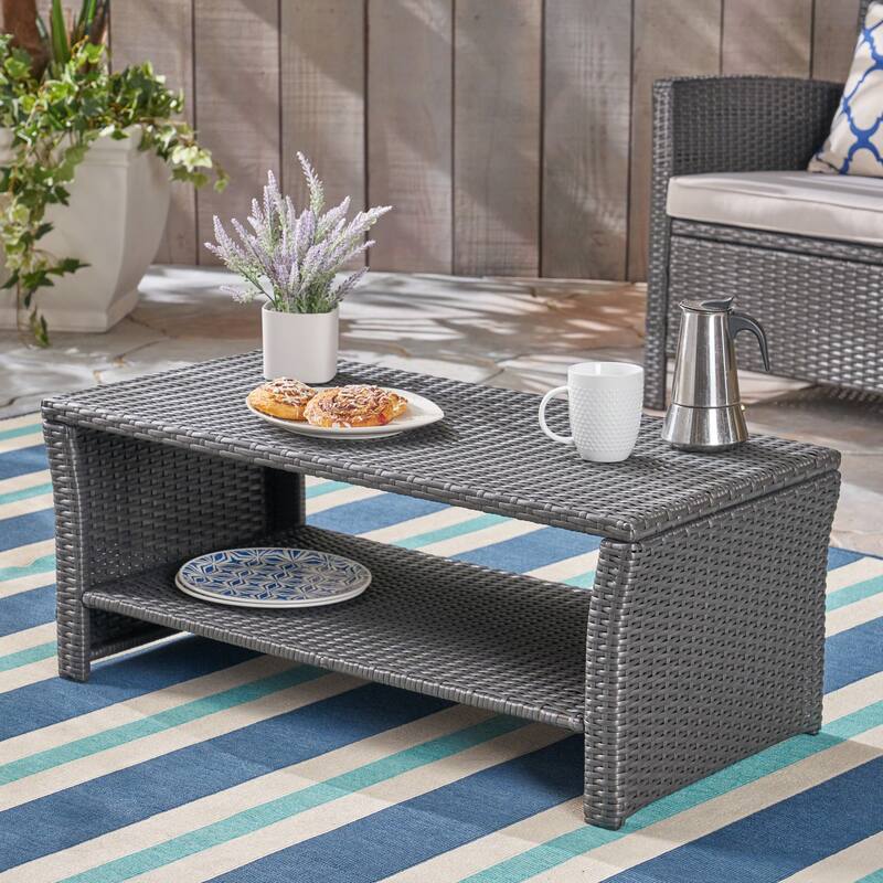 Roomfitters St Lucia Outdoor Woven Rattan Coffee Table with Open Storage Shelf, Weather Resistant, Grey - Grey