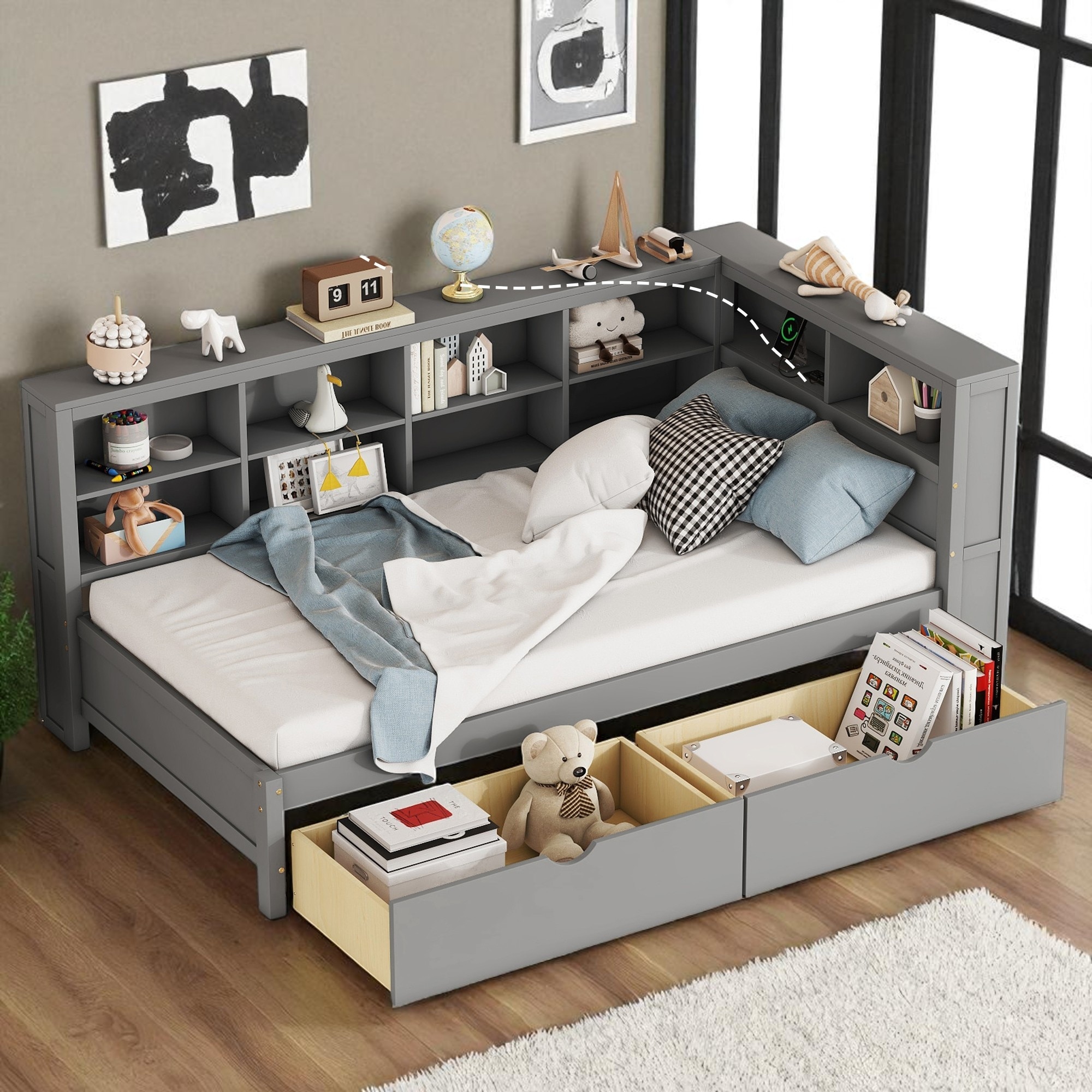 Twin Size Wooden Daybed with USB Charging Ports, 2 Drawers and Storage Shelf, White Finish