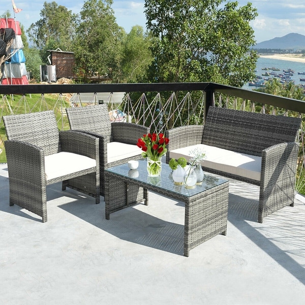 Costway 4PCS Patio Rattan Furniture Set Conversation Glass Table Top. Opens flyout.