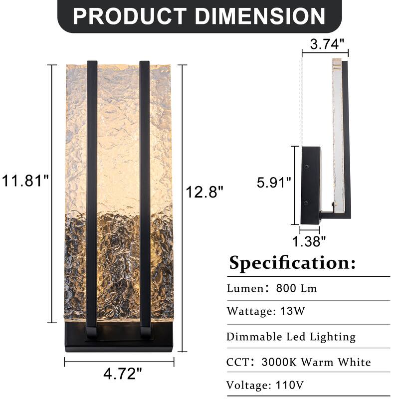 Black Metal Rectangular Water Pattern LED Dimmable Wall Sconce