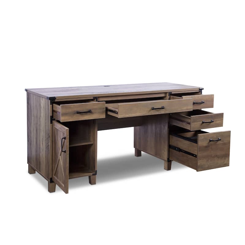 HomeRoots 59" Natural Wood Executive Desk With Five Drawers