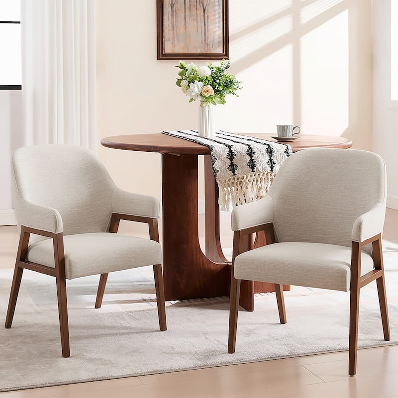 Christopher Knight Home - Modern Upholstered Dining Chair with Armrests and Walnut-Tone Wood - Set of 2 - Beige,Walnut