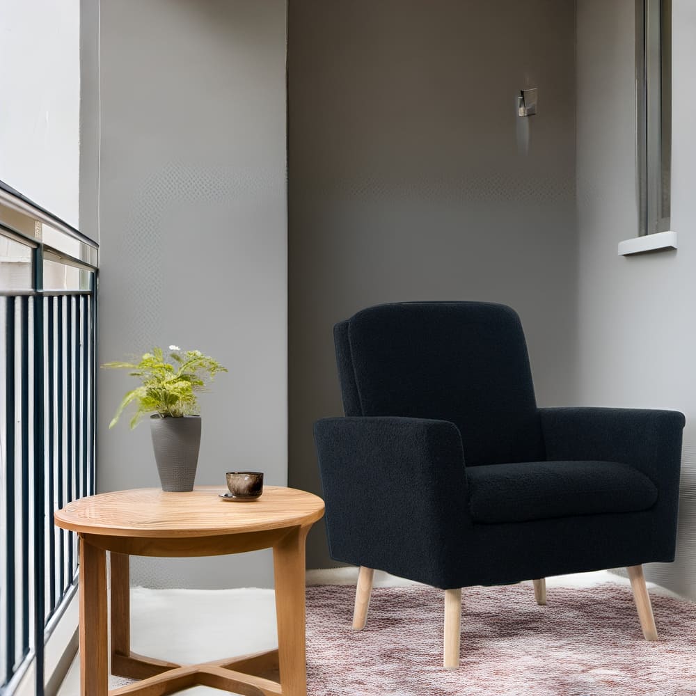 Mid-Century Accent Chair, Wooden Frame Armchair with Soft Teddy Fleece