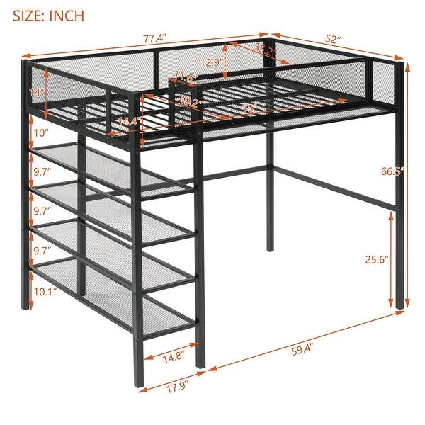 dimension image slide 0 of 7, Heavy Duty Metal Loft Bed Frame for Dorm with 4-Tier Storage Shelves, Ladders & Safety Guard Rail, Storage Platform Bed