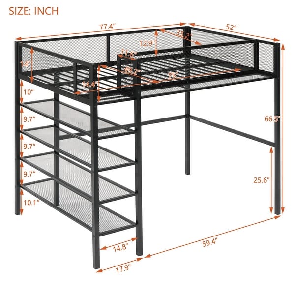 Twin Size Metal Loft Bed w/ 4-Tier Shelves & a Storage Shelf on Upper, Sturdy High Loft Bed Frame w/ Ladder & Safety Guardrail