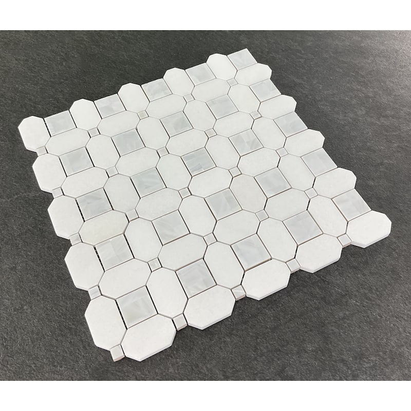 Thassos White Marble Octagon Mosaic Tile With Mother Of Pearl Inlay - Case (10 Sheets)