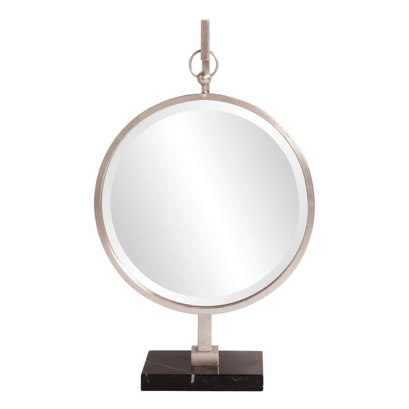 Allan Andrews Round Silver Metal Framed Tabletop Mirror with Marble Base - 17"D x 30"H