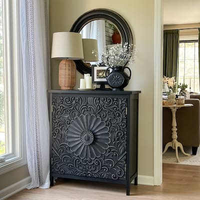 Vintage 2-Door Black Flower Carving Handle Distressed Storage Cabinet