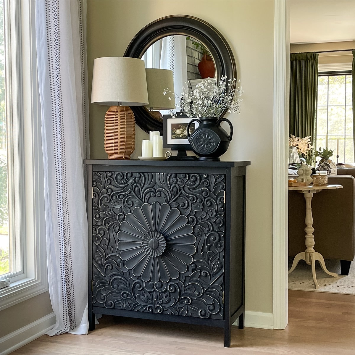 Vintage 2-Door Black Flower Carving Handle Distressed Storage Cabinet