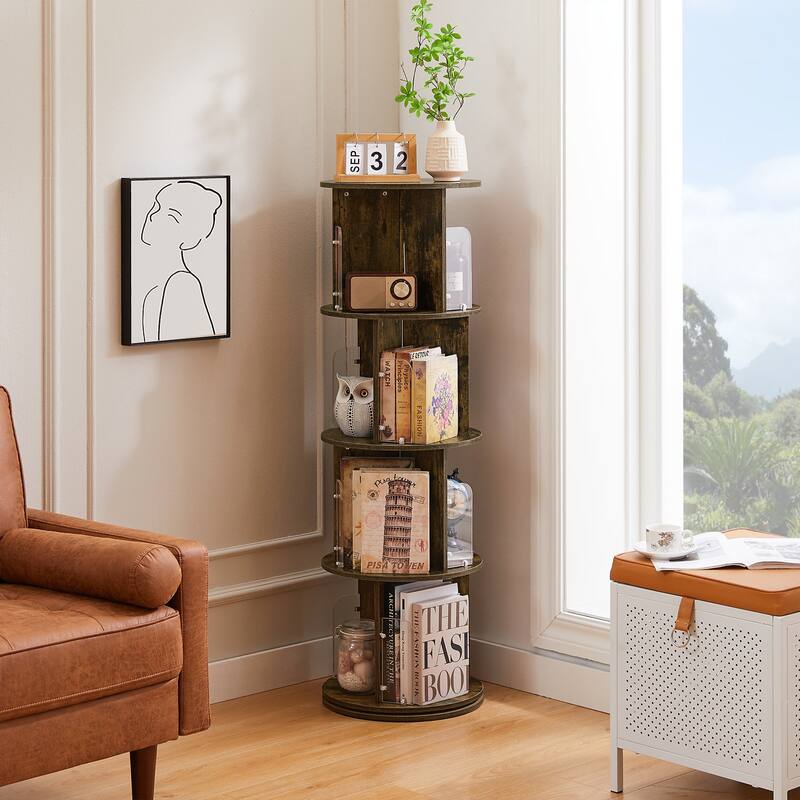 VECELO 5-Tier Rotating Bookcase 7.18" Bookends 50.39" Tall Space-Saving Design for 80-100 Books Bookcase