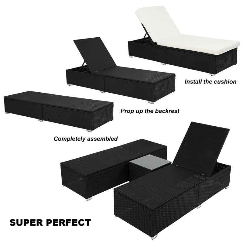Outdoor 3PCS Wicker Chaise Lounge Set,Beige Cushions and Black Wicker