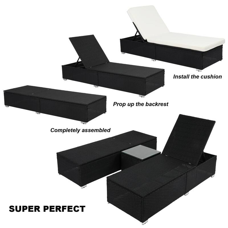 Outdoor 3PCS Wicker Chaise Lounge Set,Beige Cushions and Black Wicker