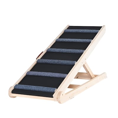 Natural-Black Wood Dog Ramp with 6-Level Adjustable Height - 41.33” L x 15.7” W x 25.59” H