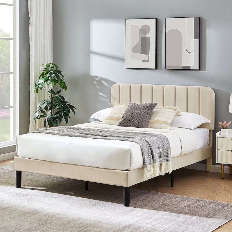 Javlergo Upholstered Adjustable Headboard Velvet Platform Bed Quiet Heavy-Duty Bed Frame No Box Spring Needed