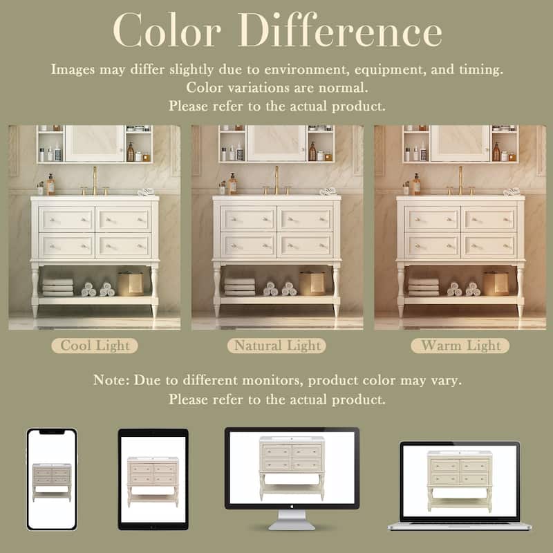 36 inch MDF Freestanding Bathroom Vanity with Integrated Ceramic Sink and Drawers - 36'' x 18'' x 34''