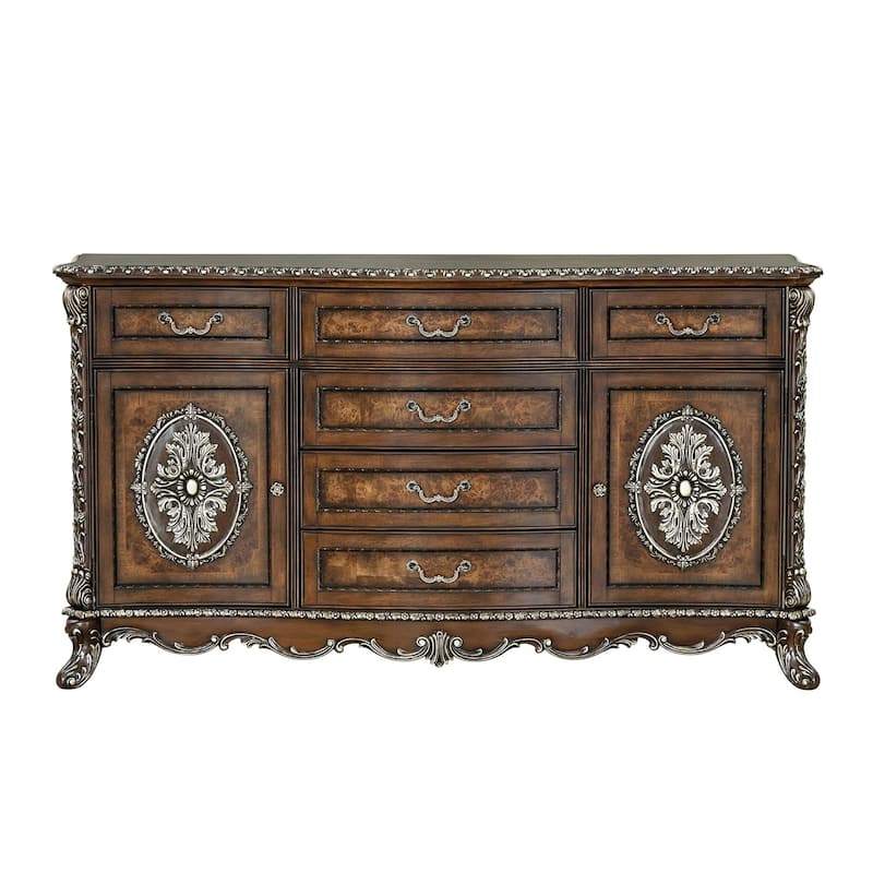 6 Drawers and 2 Doors Dresser with Floral Trim in Cherry Finish