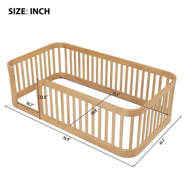 dimension image slide 3 of 4, Wooden Floor Bed Frame Toddler Bed with Fence Guardrails, Twin/Full Size Montessori Bed Floor Platform Bed for Kids
