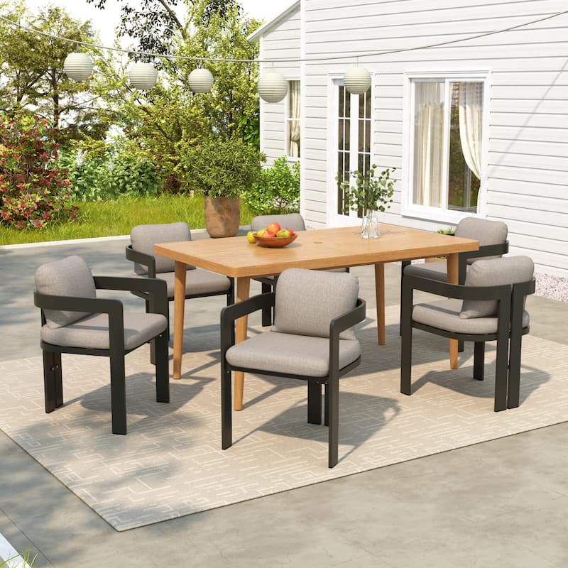 Christopher Knight Home- Alaric Acacia And Aluminum Outdoor 7 Piece Dining Set - Black+Beige+Teak Finished